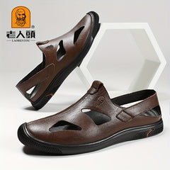 LAORENTOU Men's Leather Non Slip Sandals Comfy Beach Shoes