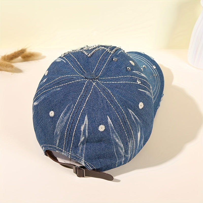Rhinestone Flower Denim Baseball Cap Sun Hat for Women