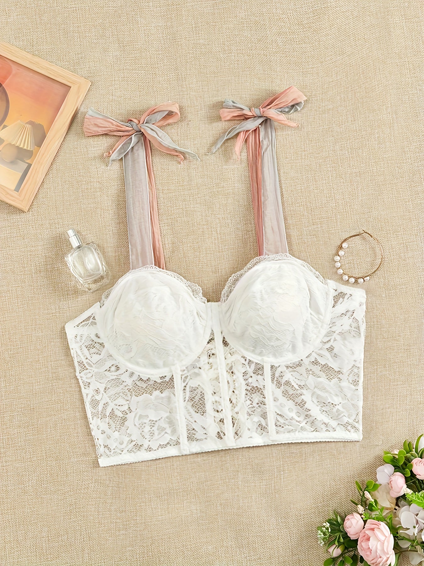 Floral Lace Tie Shoulder Lace Up Back Cami Top