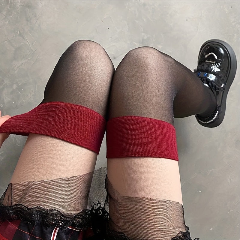Colorblock Thigh High Stockings Sheer Mesh Over the Knee Socks