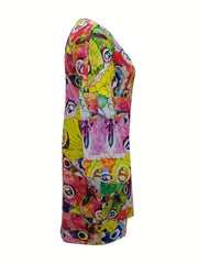 Butterfly Print Short Sleeve V Neck Dress with Pockets