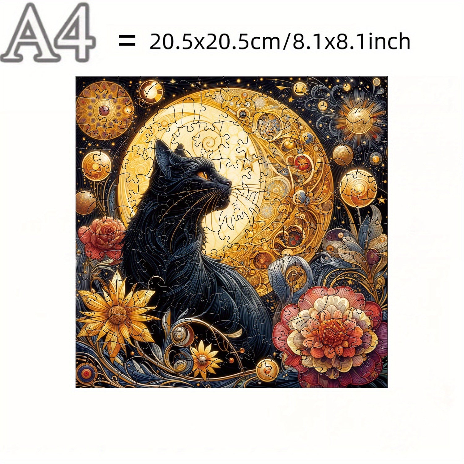 Celestial Fantasy Artwork Wooden Jigsaw Puzzle - Enchanting Cat & Moonlit Night