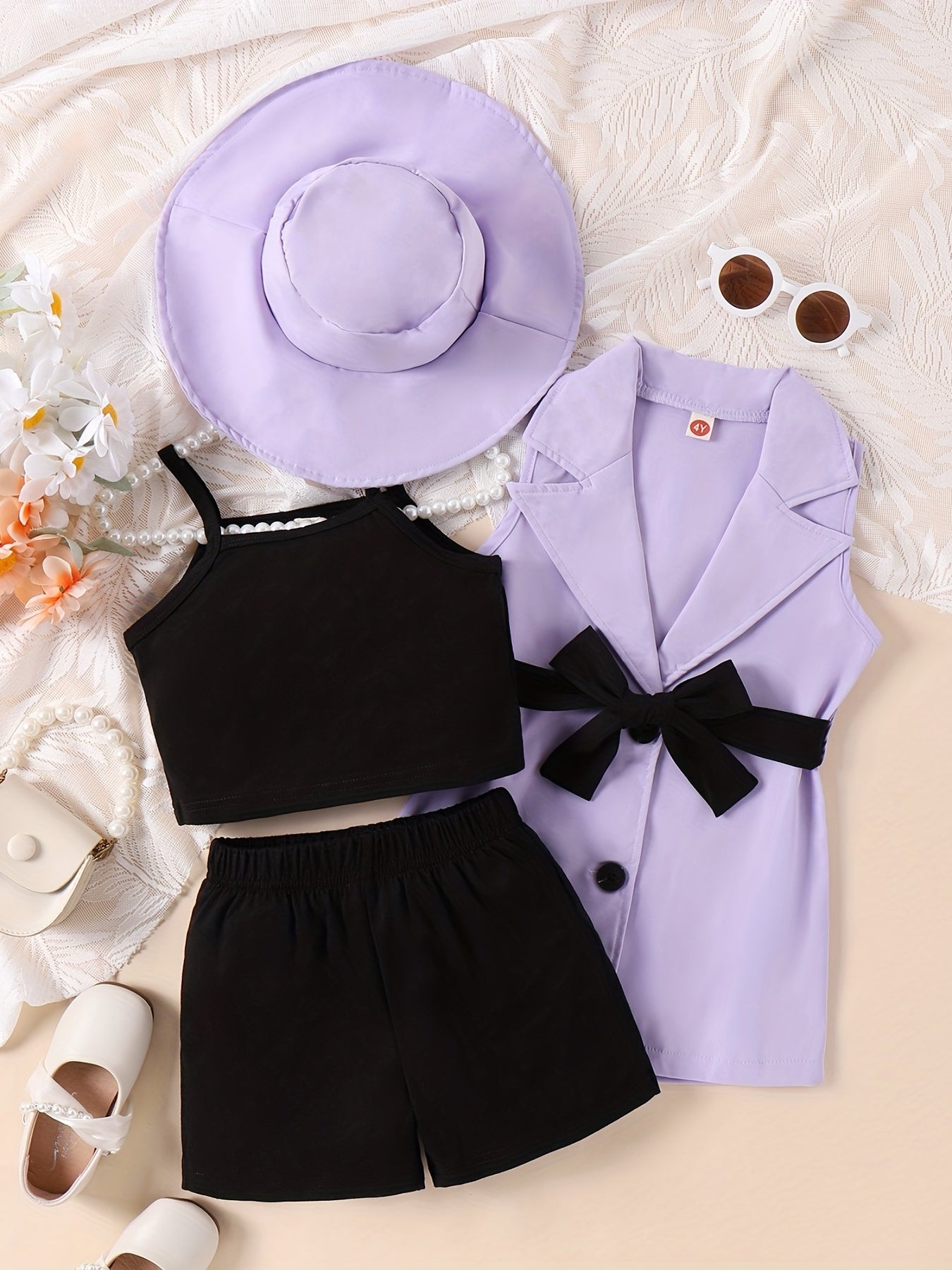 Girls Cami Top & Elastic Waist Shorts & Lapel Vest & Hat Set With Belt