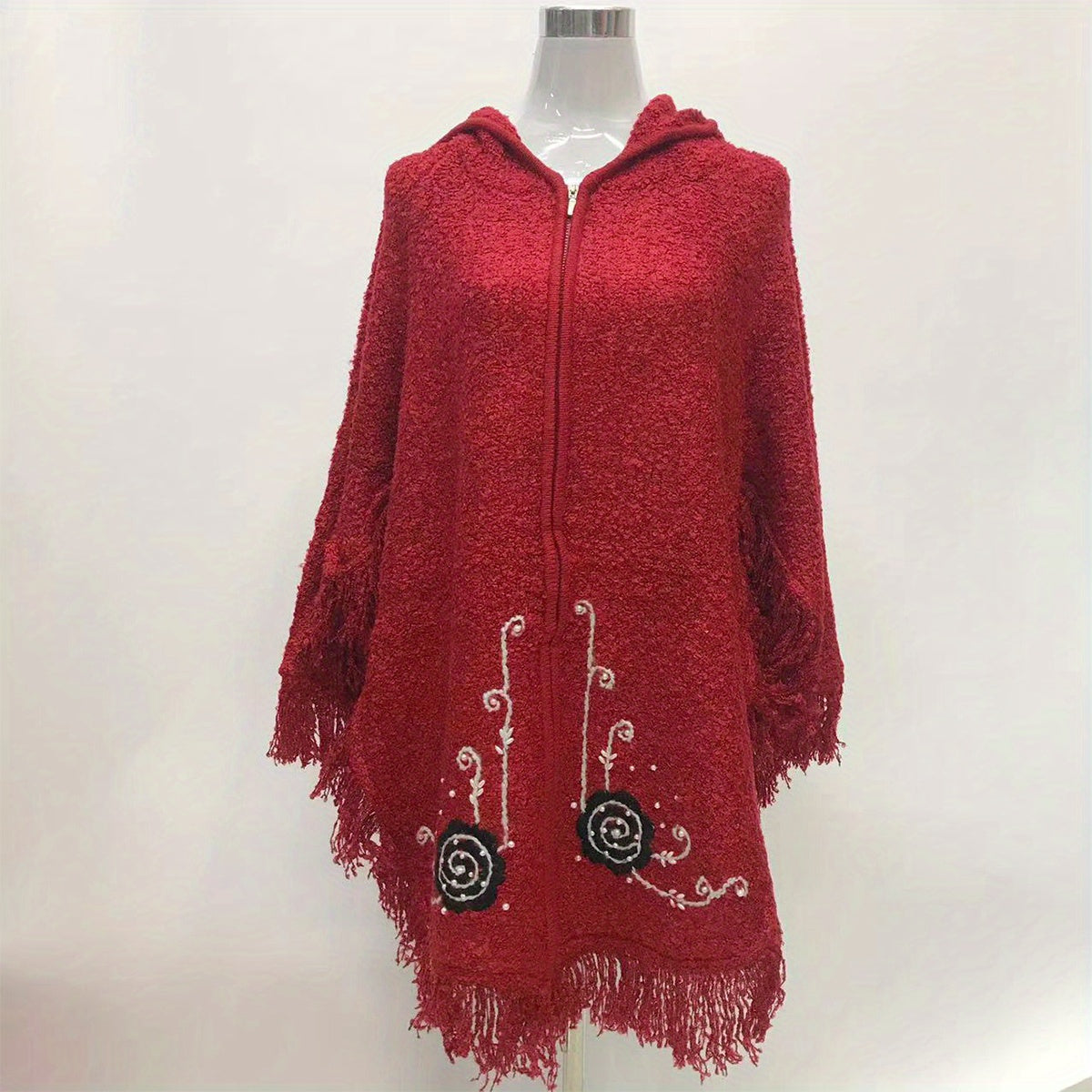 Vintage Flower Embroidery Shawl Zipper Hoodie Warm Cape