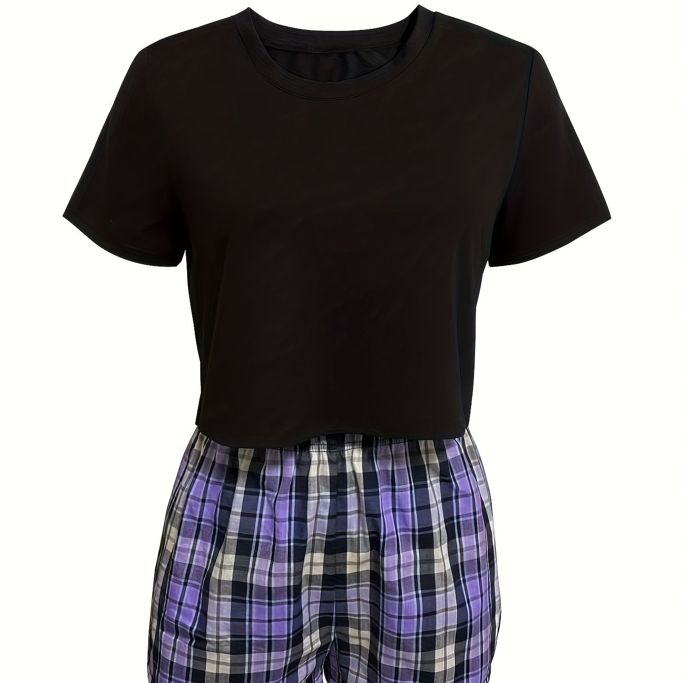 Colorblock Plaid Pajamas Set Short Sleeve Crew Neck Top & Shorts