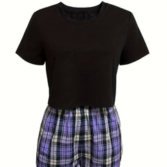 Colorblock Plaid Pajamas Set Short Sleeve Crew Neck Top & Shorts