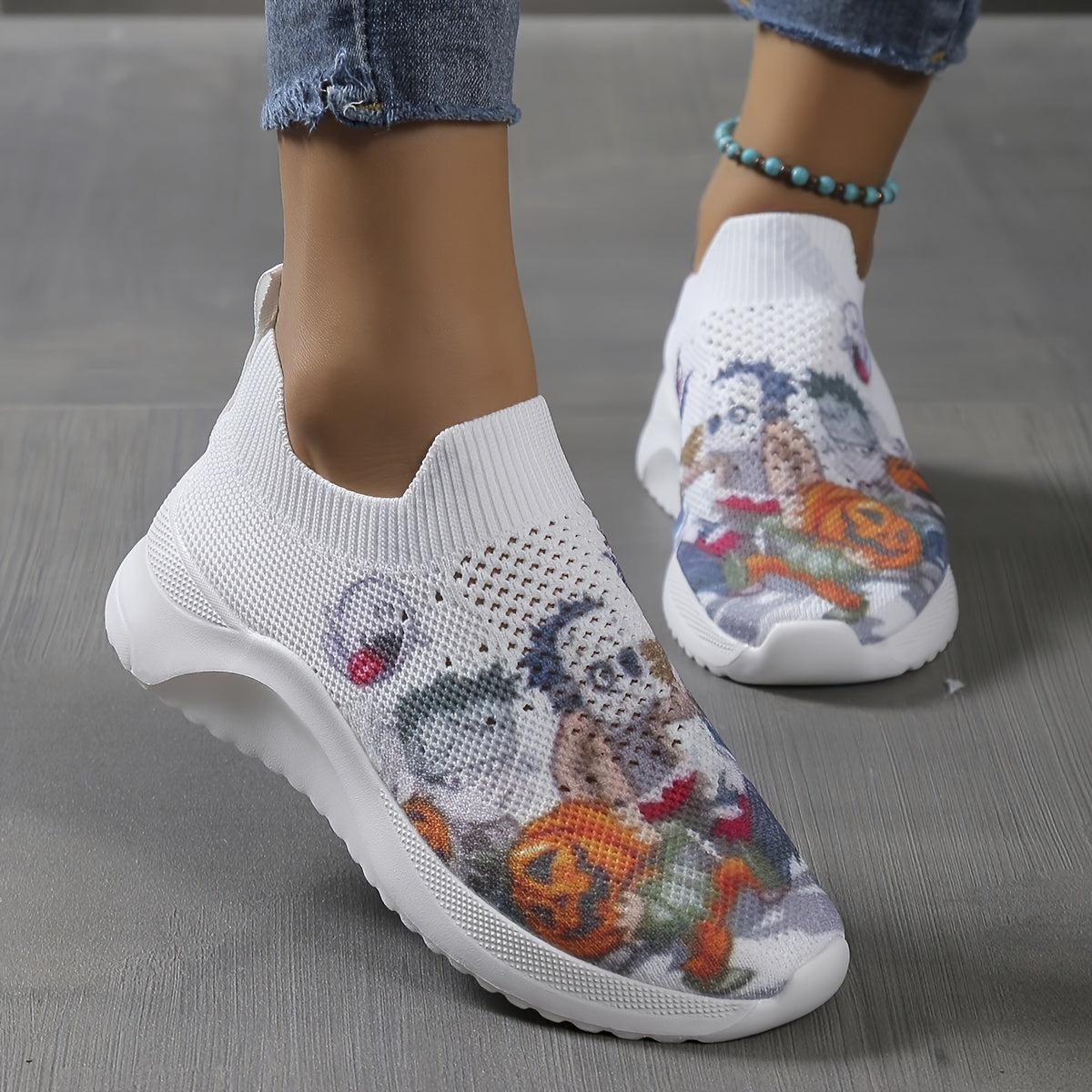 Women's Pumpkin Pattern Sneakers Low Round Toe Non slip Knit Breathable Shoes