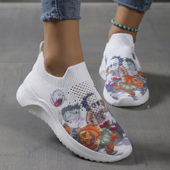 Women's Pumpkin Pattern Sneakers Low Round Toe Non slip Knit Breathable Shoes