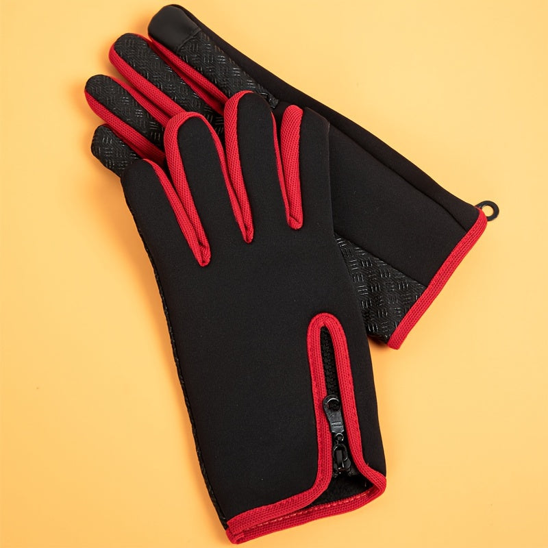 Red Edge Zipper Outdoor Cycling Sports Touch Screen Warm Long Finger Gloves