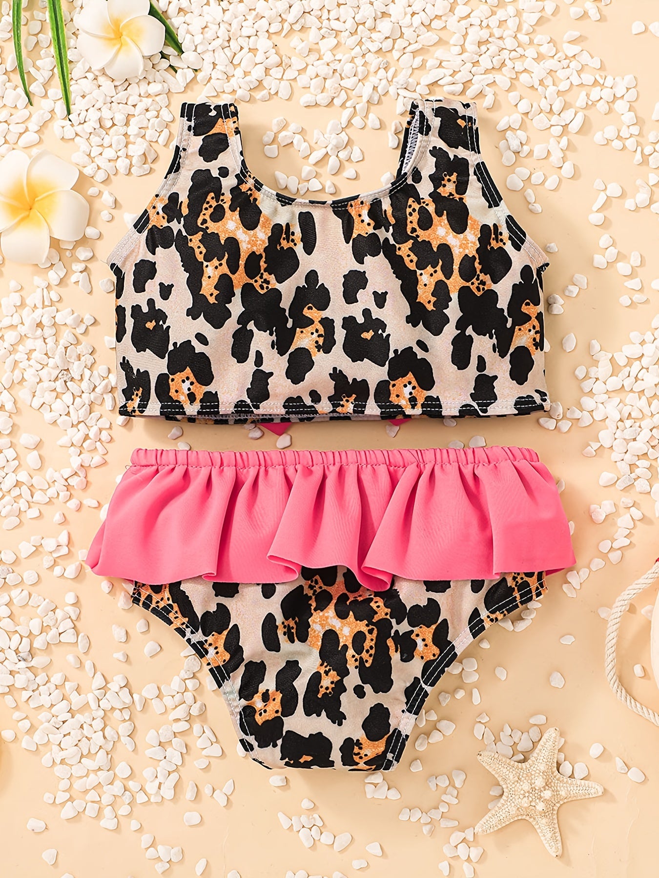 Girls Leopard Print Bow Ruffles Bikini Swimsuit Beach Swimwear Bathing Suits