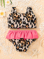 Girls Leopard Print Bow Ruffles Bikini Swimsuit Beach Swimwear Bathing Suits