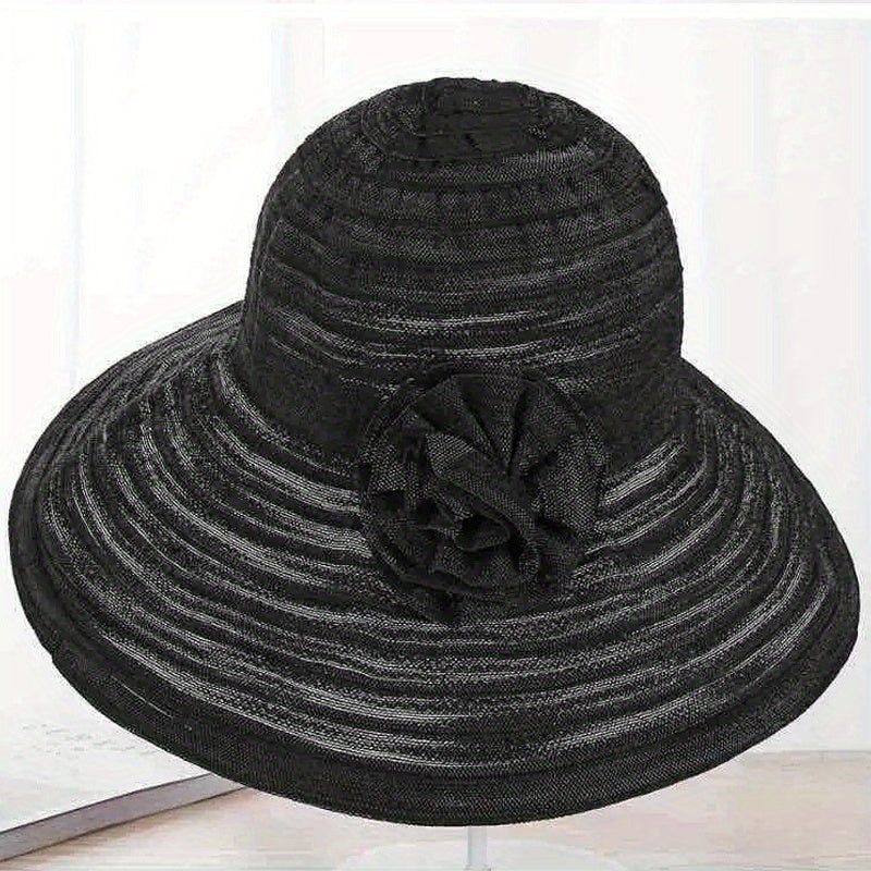 Wide Brim Floppy Sun Hat Flower Decor Striped Crinkle Bucket Hat