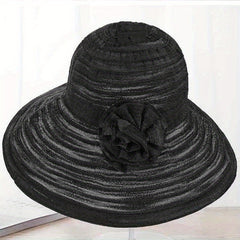 Wide Brim Floppy Sun Hat Flower Decor Striped Crinkle Bucket Hat