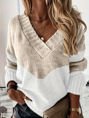Colorblock V Neck Sweater Long Sleeve Casual Jumper