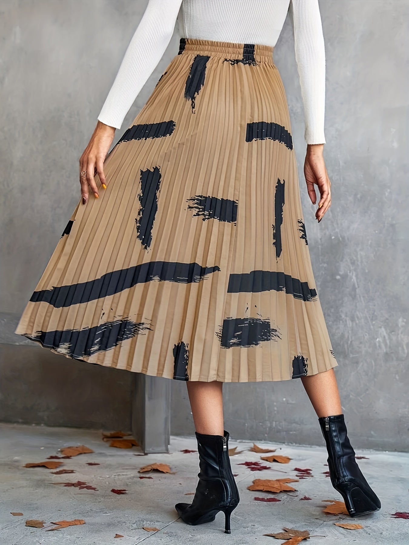 Abstract Print Pleated High Waist Skirt