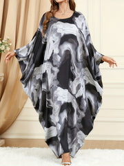 Marble Print Batwing Sleeve Round Neck Plus Size Kaftan Dress