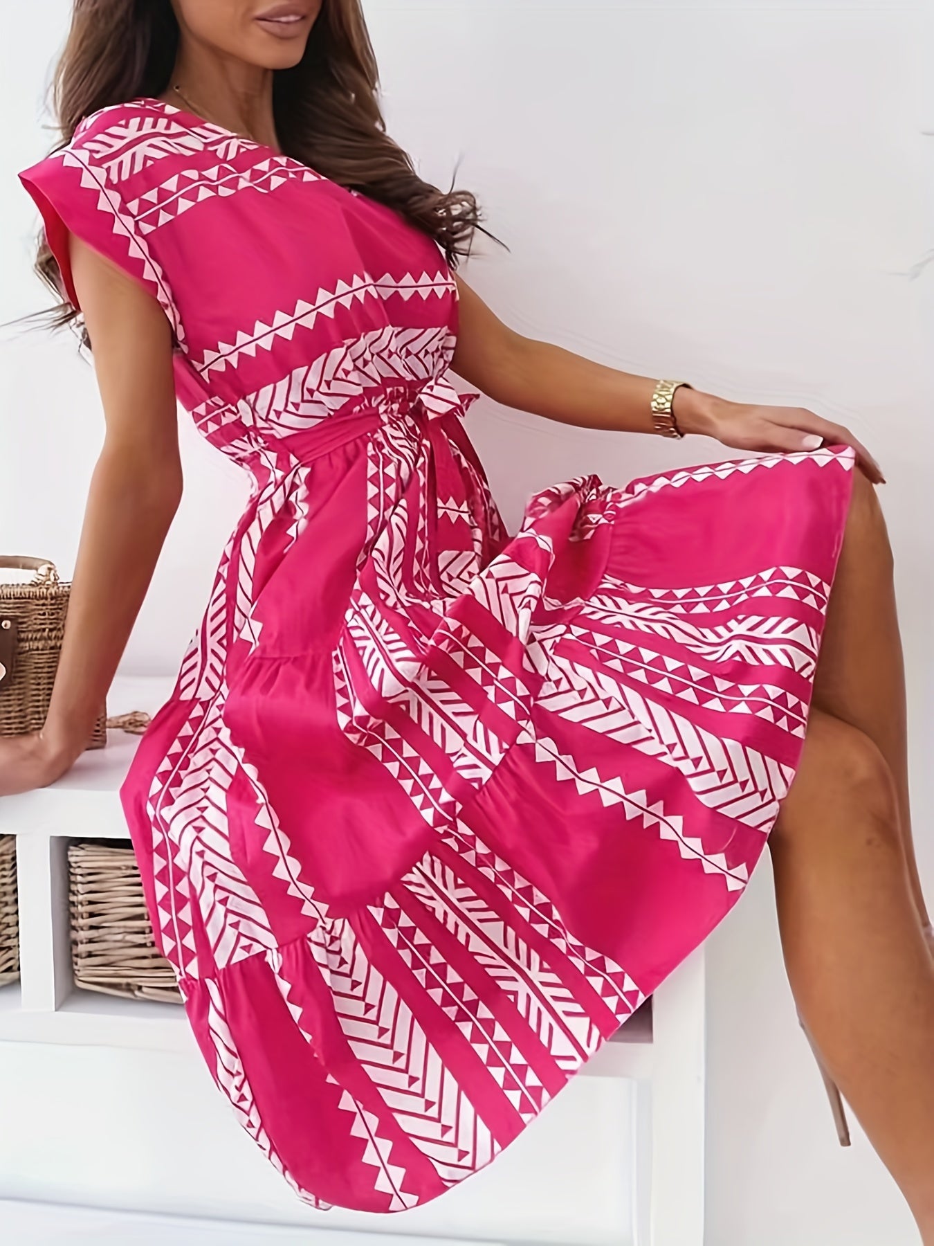 Ethnic Print Cap Sleeve Dress Crew Neck Midi Dress Women's Clothing