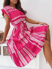 Ethnic Print Cap Sleeve Dress Crew Neck Midi Dress Women's Clothing