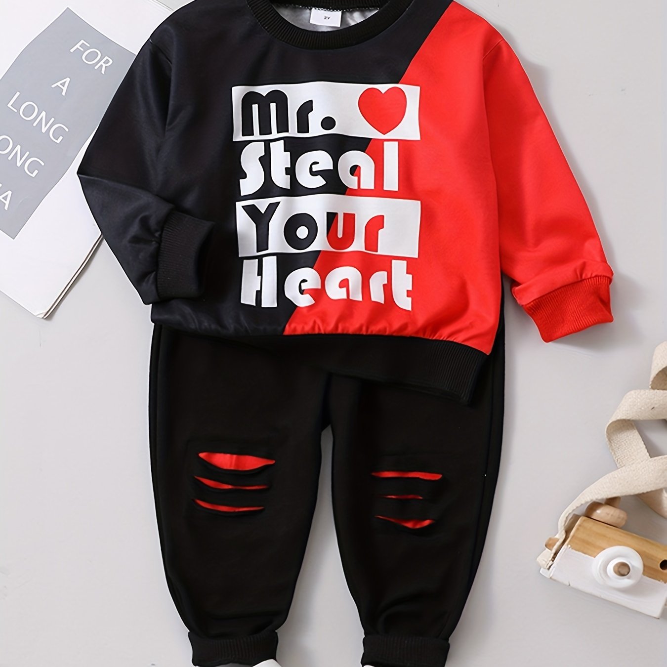 Boy 2pcs Sweatshirt & Pants MR STEAL YOUR HEART Print Crew Neck Long Sleeve Top