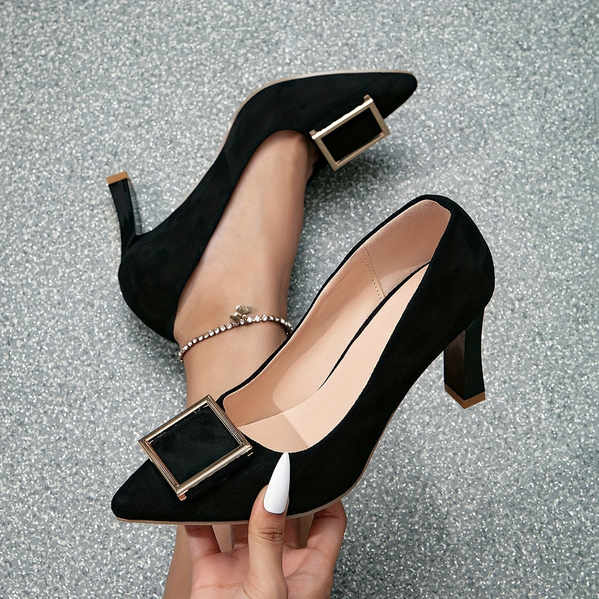 Metal Buckle Block Heel Pumps Pointed Toe Work Dress Heels