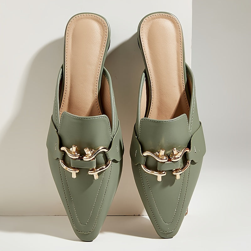 Pointed Toe Mules with Metal Buckle Detail