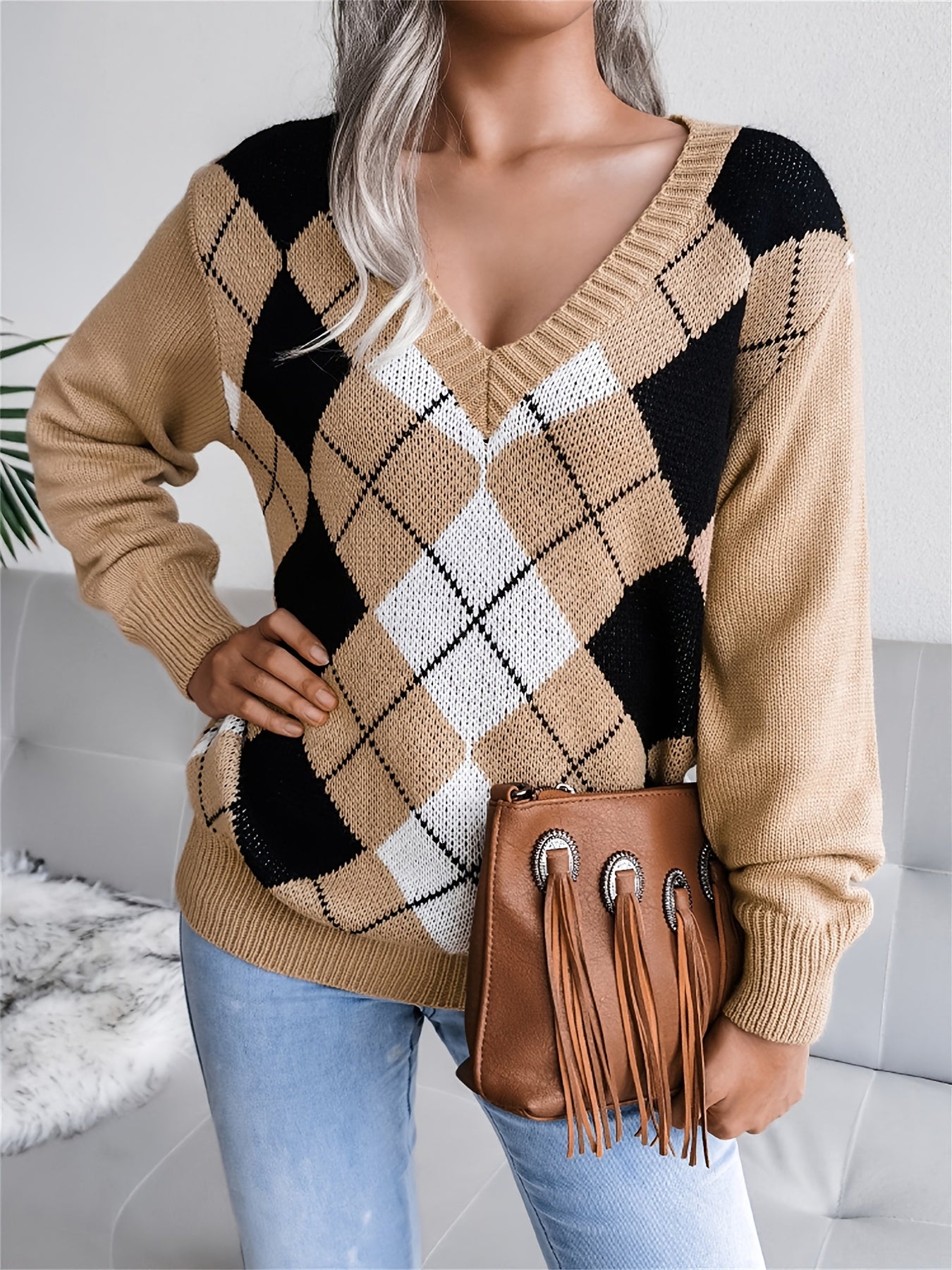 Argyle Print V Neck Long Sleeve Sweater Women's Clothing