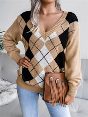 Argyle Print V Neck Long Sleeve Sweater Women's Clothing