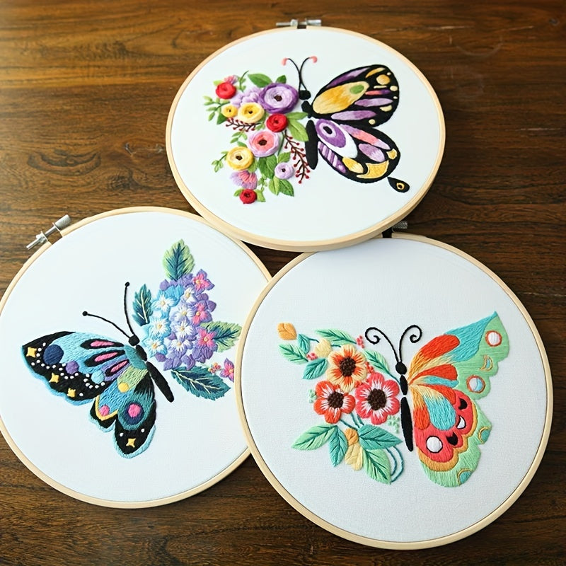3pcs Embroidery Kit Flowers & Butterfly Pattern 20 07 Cm Hoop
