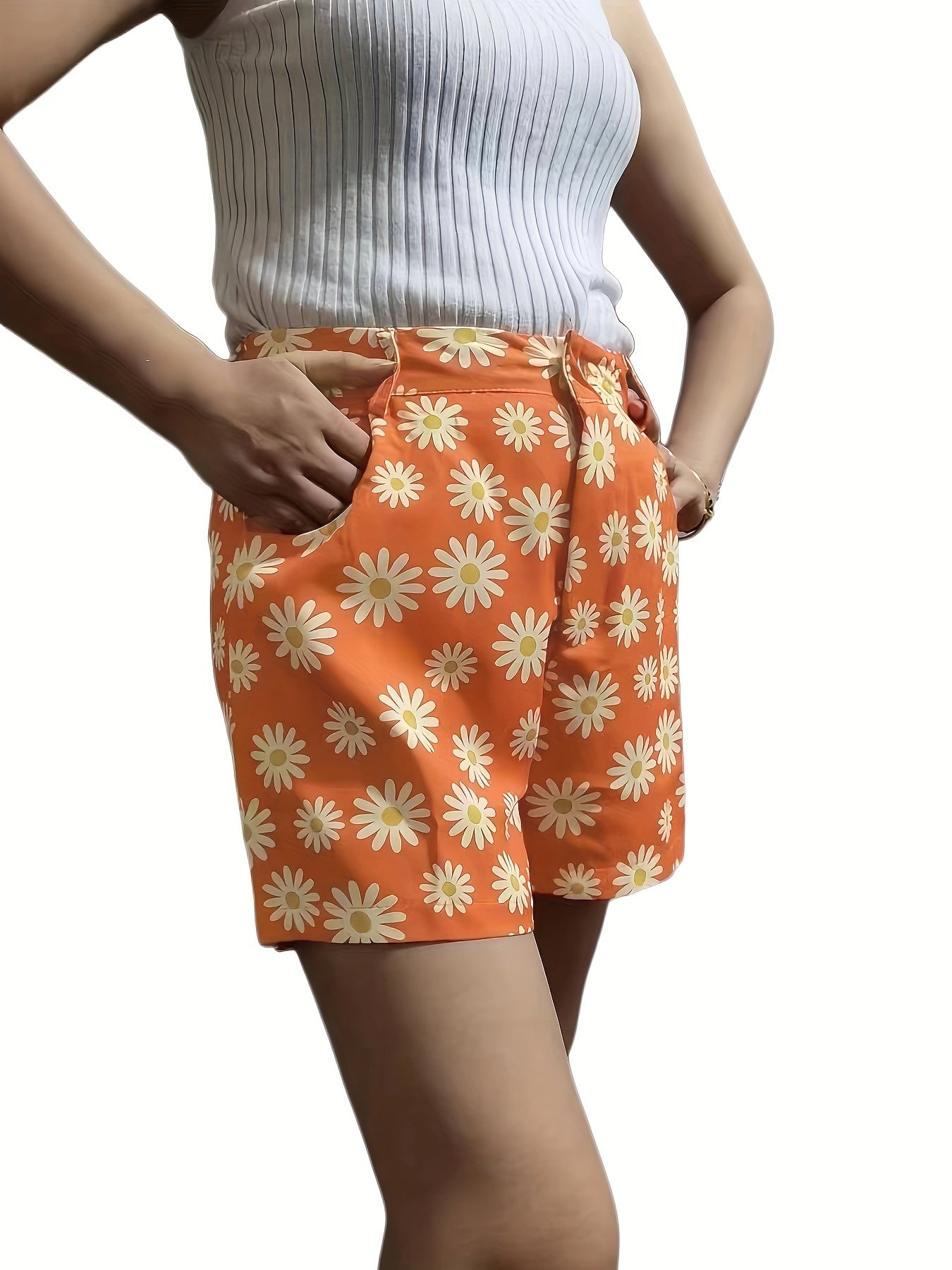 Daisy Print High Waist Shorts Casual Women's Clothing