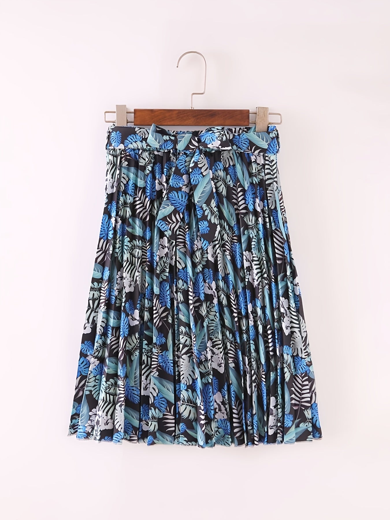 Boho Leaves Print Pleated Skirt with Tie Waist