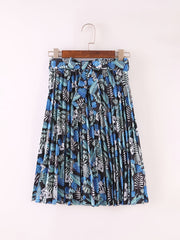 Boho Leaves Print Pleated Skirt with Tie Waist