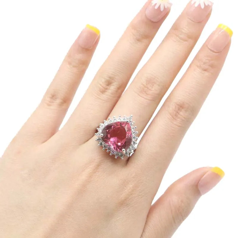 Gorgeous Big Heart Shape Pink Morganite CZ Ladies Silver Rings