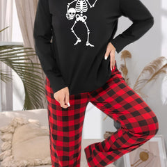 Gothic Pajama Set Women's Skeleton Print Long Sleeve Tee & Plaid Pants