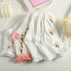 5 Pairs Floral 3D Textured Socks Women's Ruffle Mid Tube Stockings