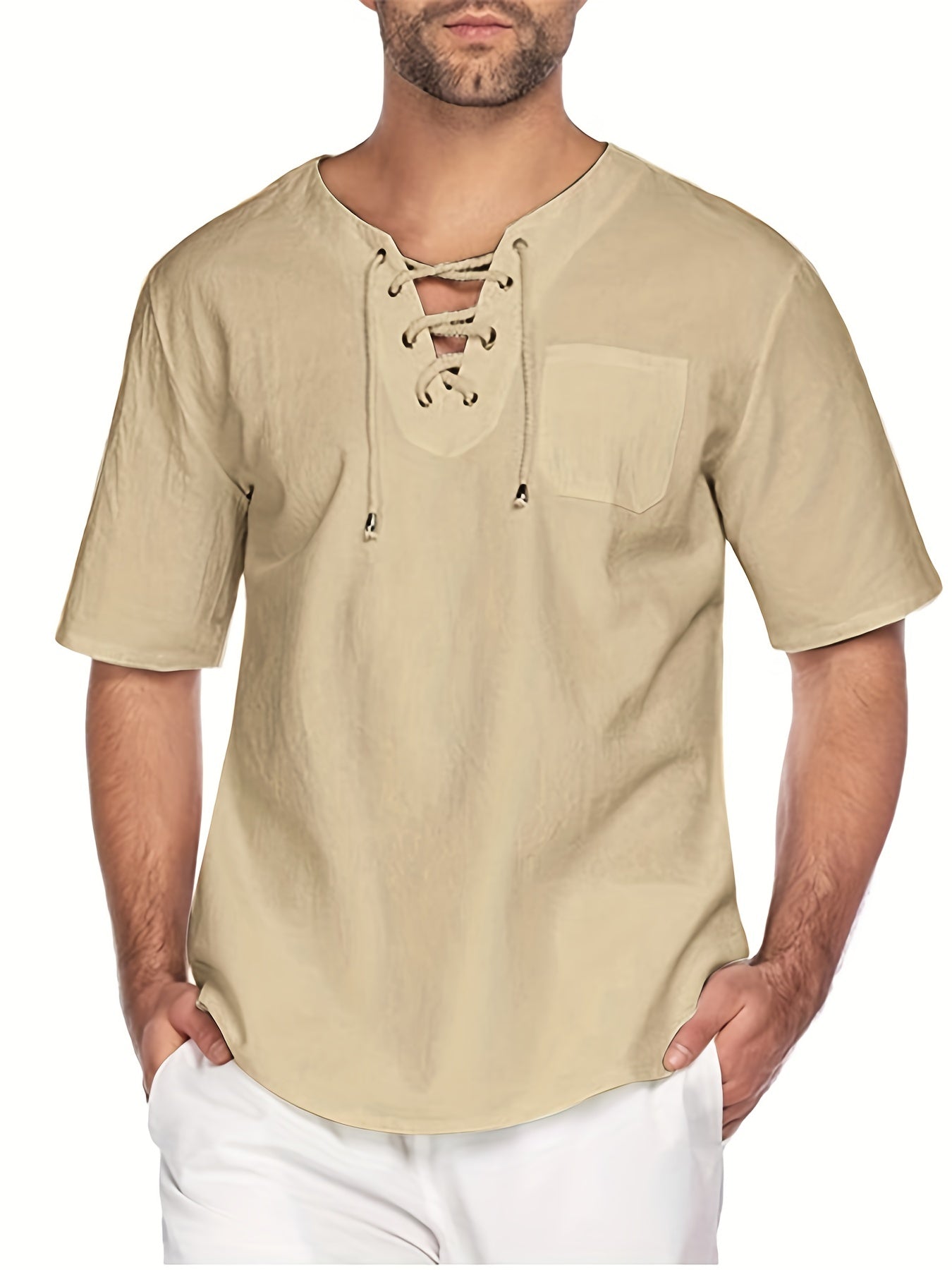 INCERUN Men's Cotton Short Sleeve Lace Up Shirts Hippie Baggy V Neck Tee