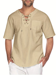 INCERUN Men's Cotton Short Sleeve Lace Up Shirts Hippie Baggy V Neck Tee