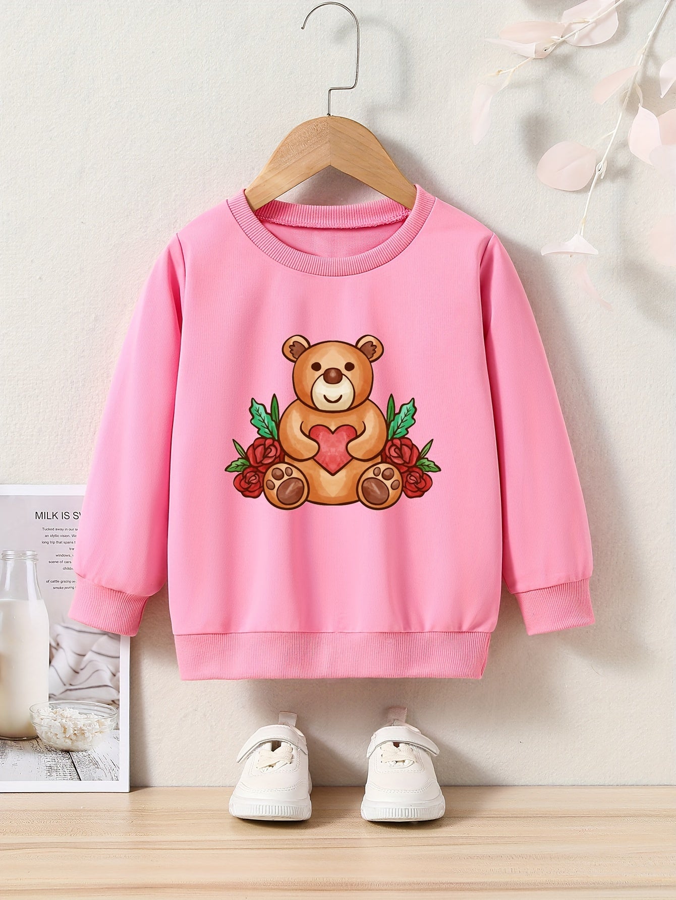 Cartoon Bear Print Girls Casual Pullover Sweatshirt Long Sleeve Tops