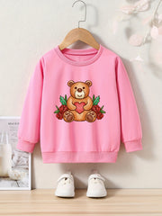 Cartoon Bear Print Girls Casual Pullover Sweatshirt Long Sleeve Tops