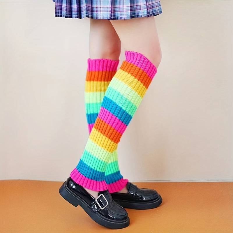 Rainbow Striped Leg Warmers Colorblock Knitted Socks