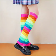 Rainbow Striped Leg Warmers Colorblock Knitted Socks