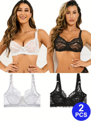 2pcs Floral Lace Unlined Push Up Bra Women's Lingerie