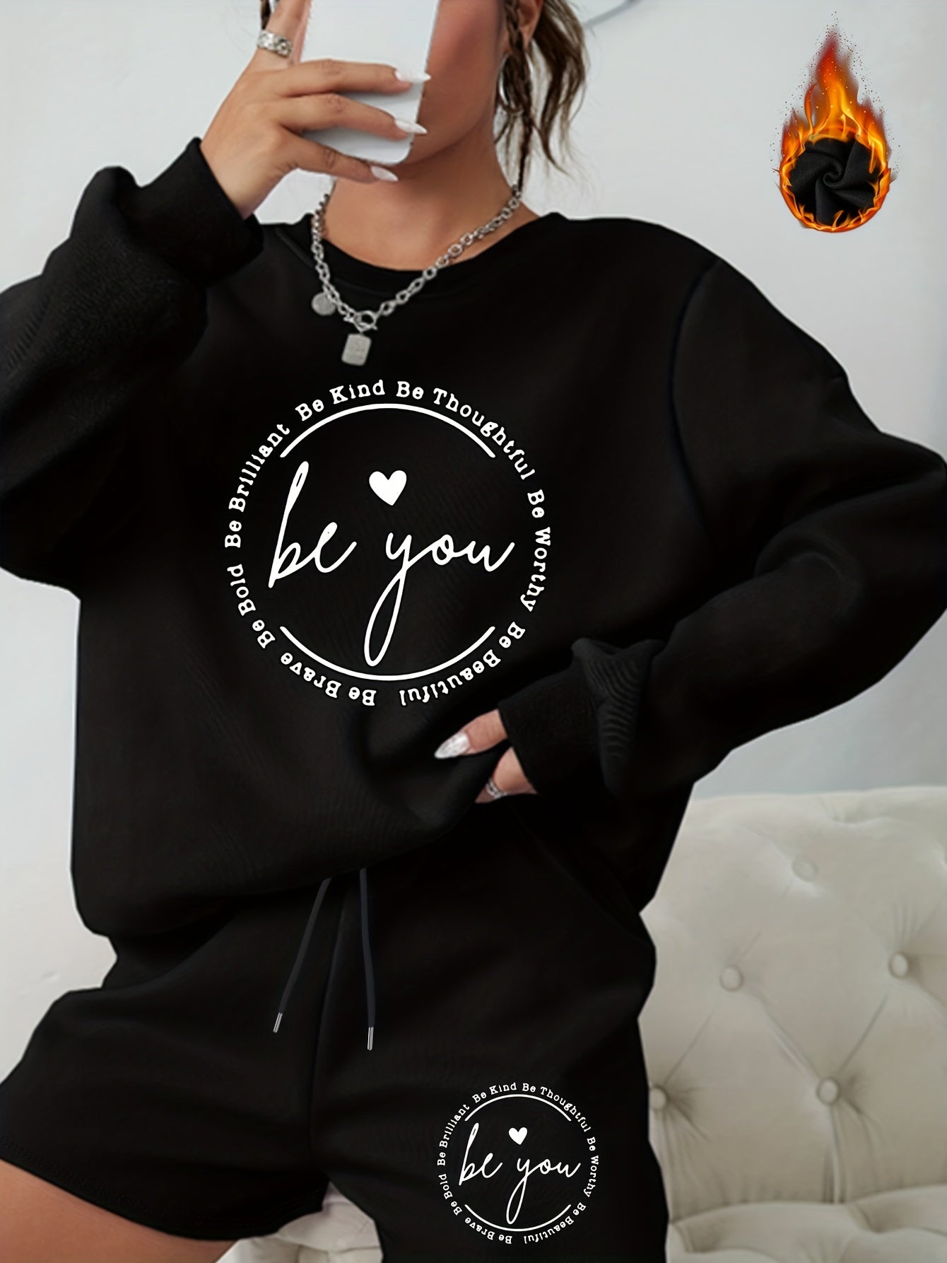 Slogan & Heart Print Sweatshirt & Shorts Set