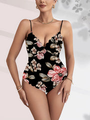 Floral Print V neck Cami Bodysuit Sexy Scallop Trim