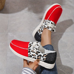 Leopard Print Flat Sneakers Lightweight Red Lace Up Loafers Casual Shoes