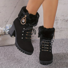 Plush Heeled Ankle Boots with Rhinestone Decor Side Zipper Thermal Chunky Heels