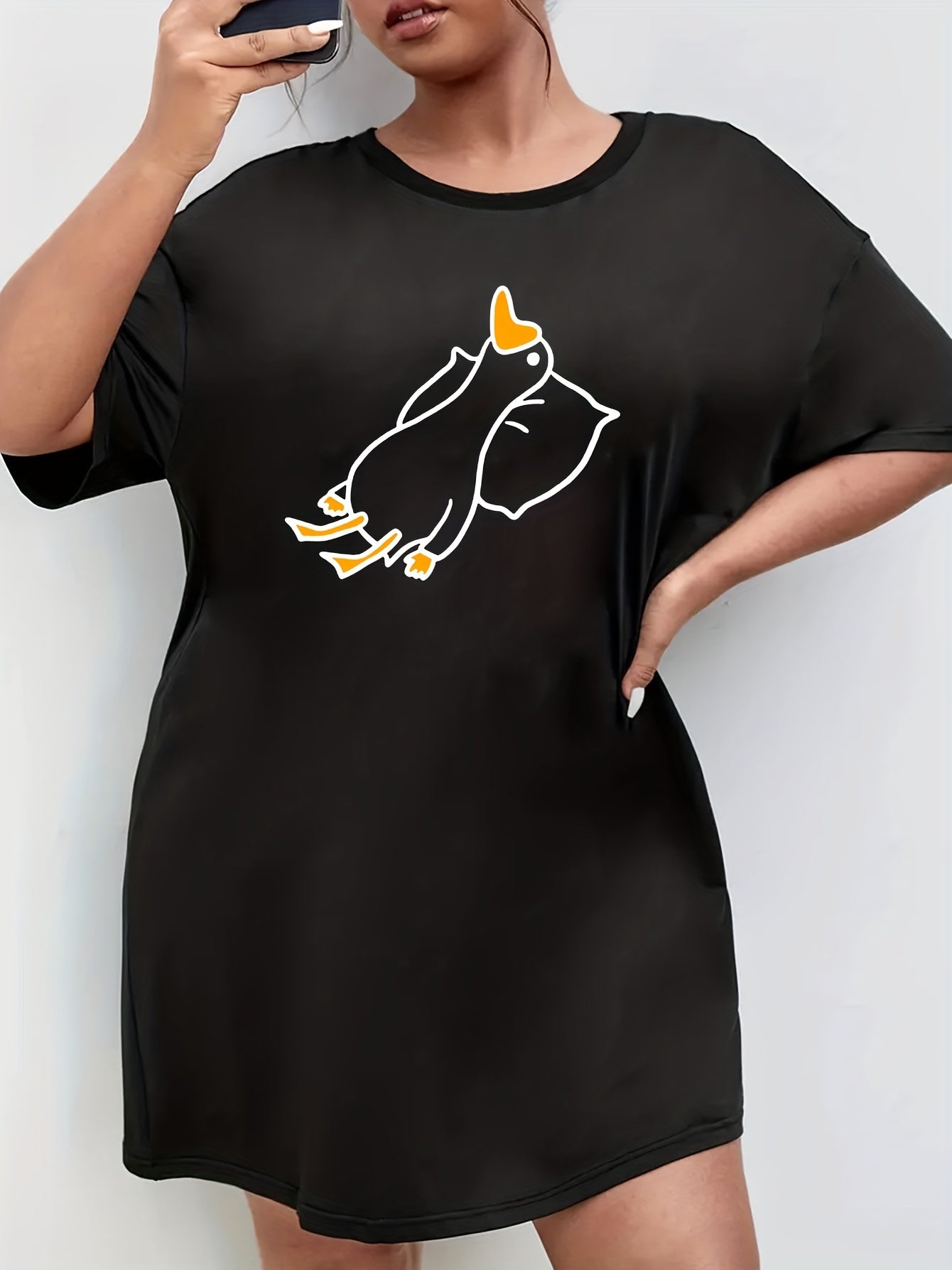Duck Print Short Sleeve Round Neck Sleep Dress
