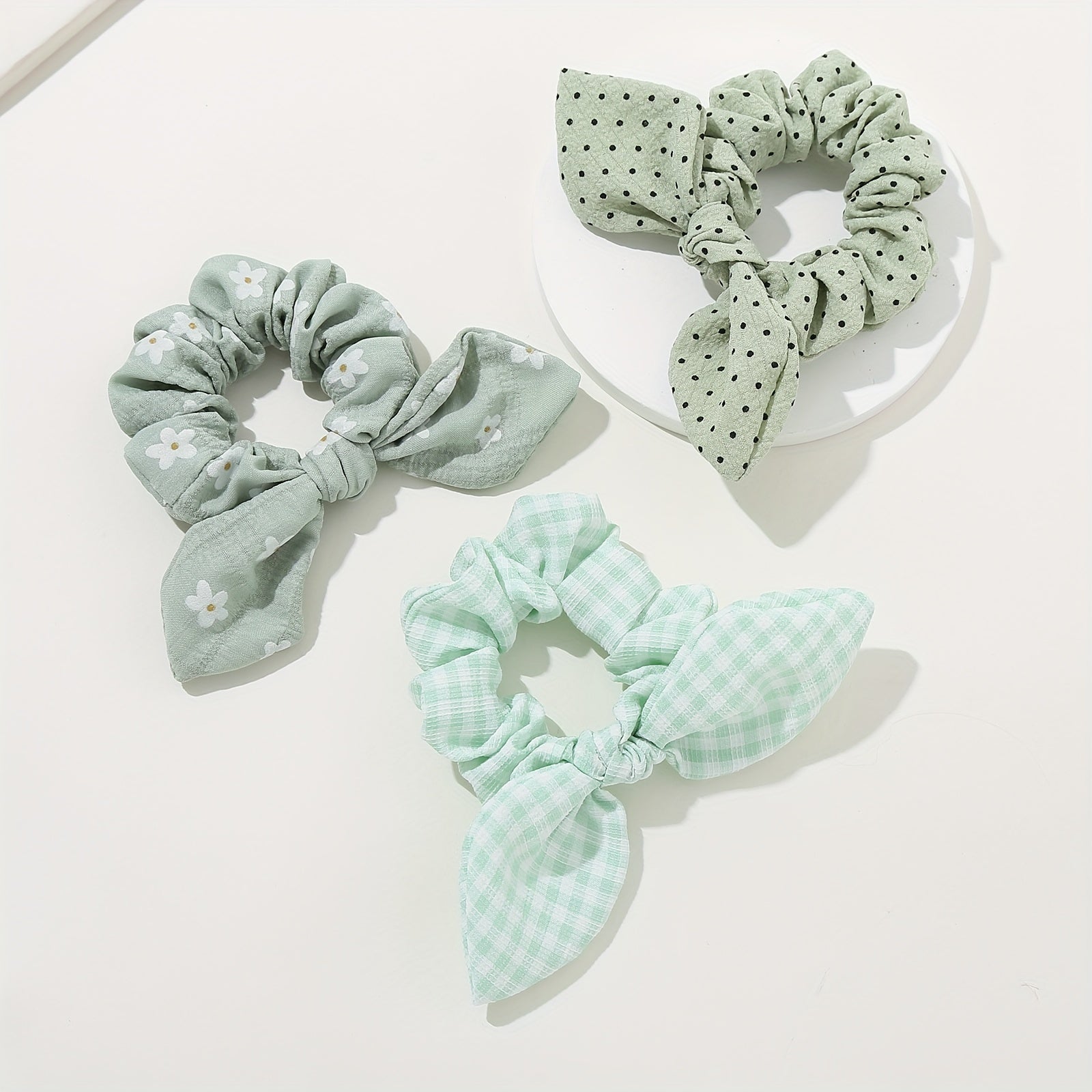 3PCS Sweet Pastoral Hair Tie Polka Dot Plaid Tie Knot Hair Rope Headband