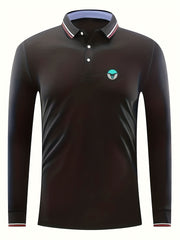 Men's Geo Print Polo Shirt Stretch Breathable Lapel Long Sleeve
