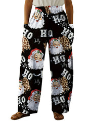 Women's Plus Santa Claus & Art Letter Print Wide Leg Trousers
