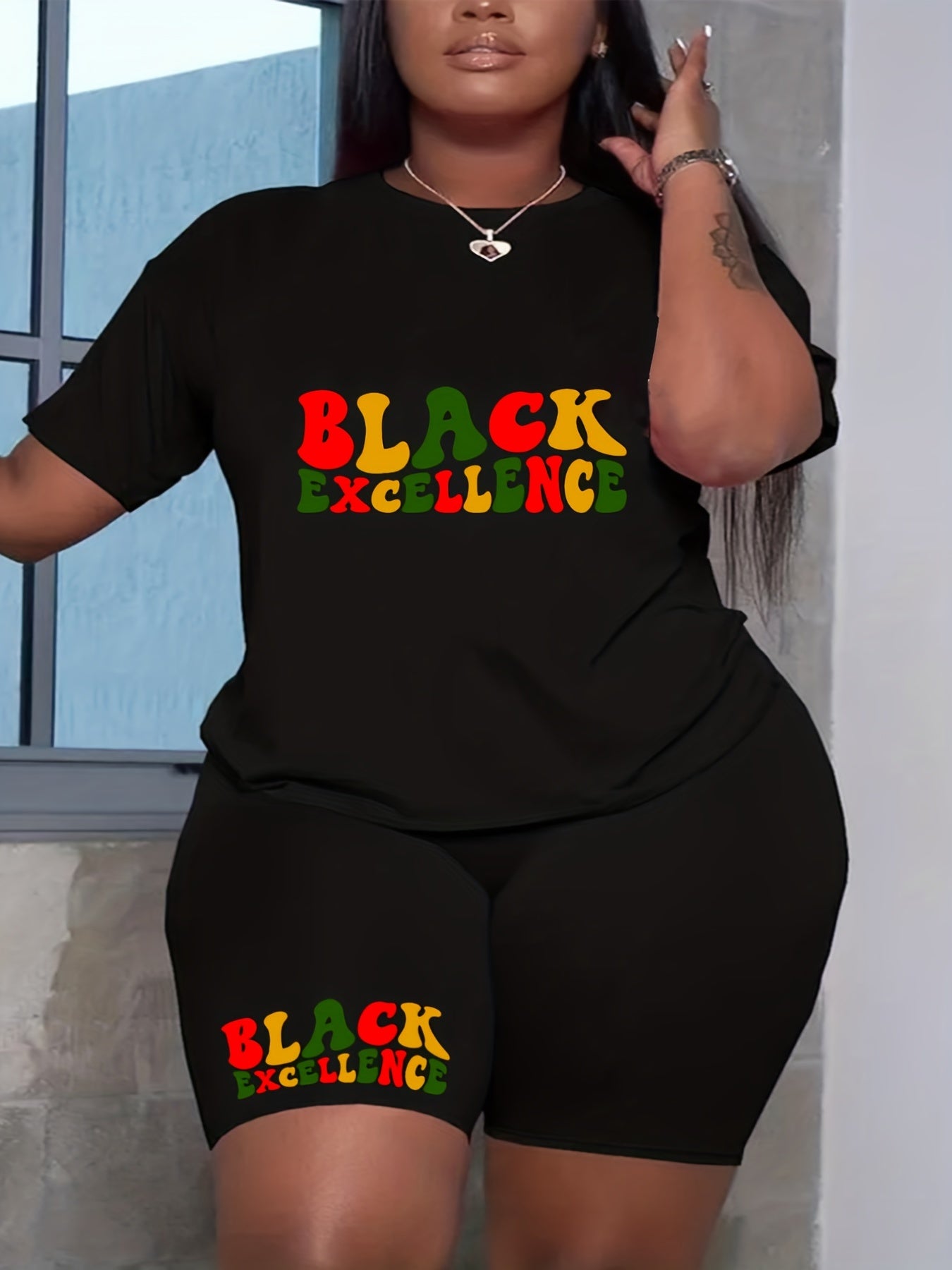 Casual Outfits Two Piece Set Women's Plus Letter Print Short Sleeve